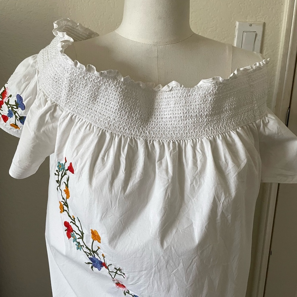 Tory Burch White Off-Shoulder Embroidered Floral Blouse